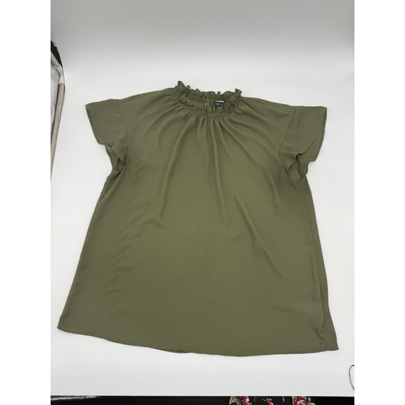Express Women's Ruffle Mock Neck Blouse Olive Green L, Back Button Detail - Picture 1 of 7